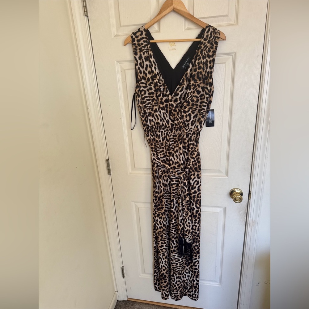 NWT Inc Women's Animal Print Jumpsuit Size 14 Black & Brown Sleeveless Wide Leg
